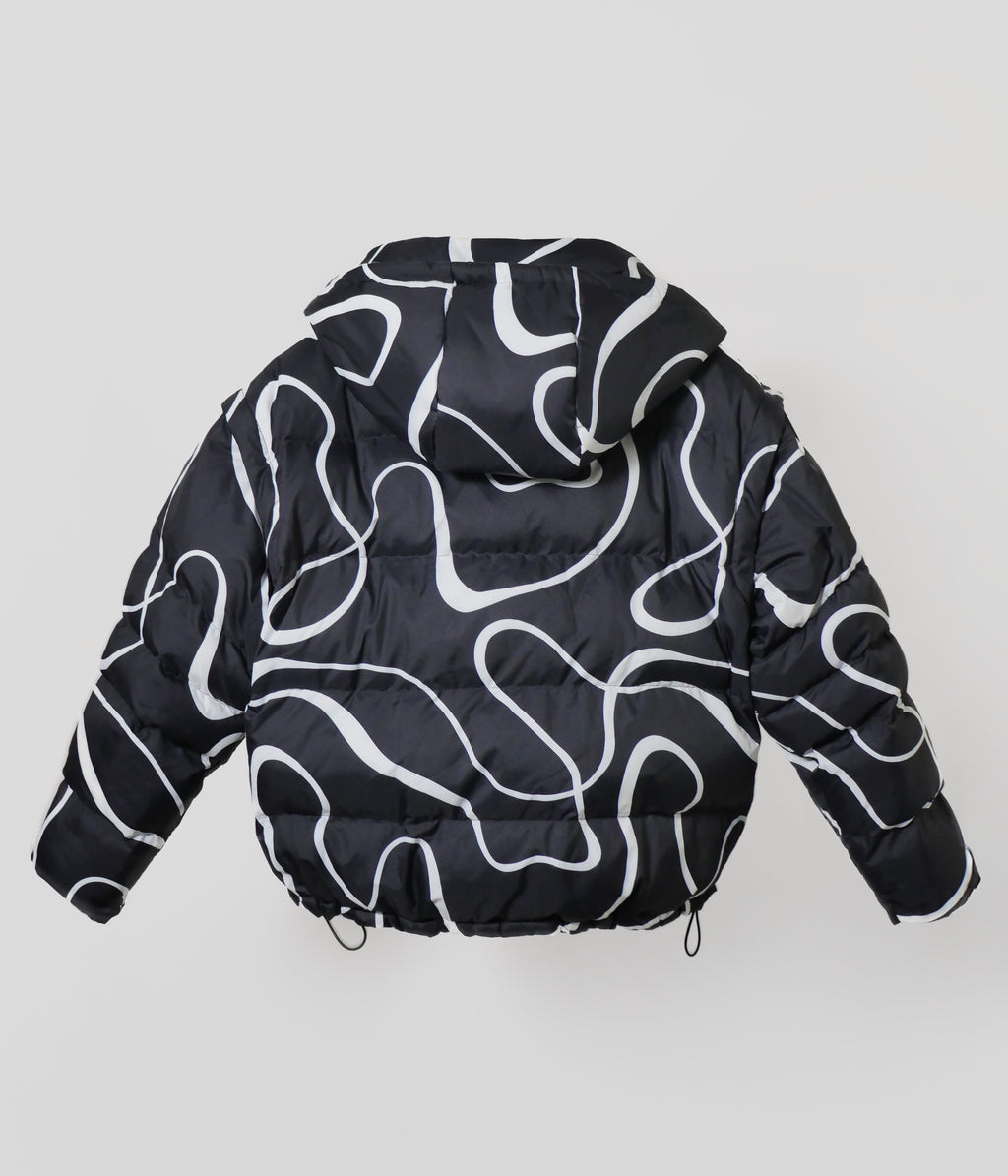Black Wavy puffer jacket back view with hood