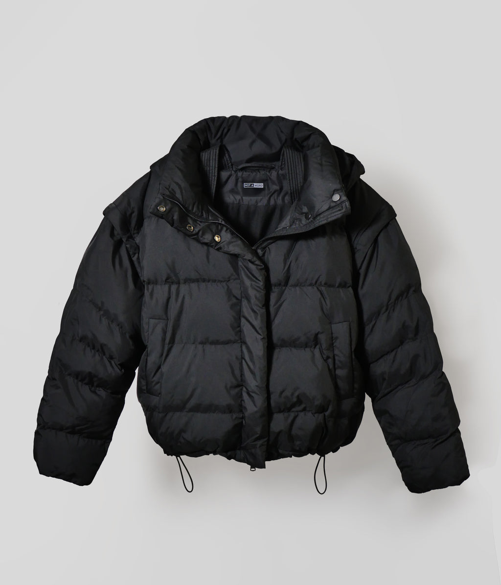 black convertible puffer jacket front view
