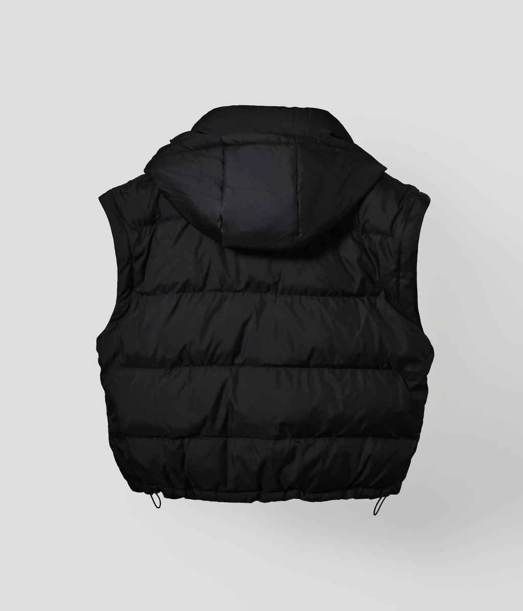 Black puffer vest back view