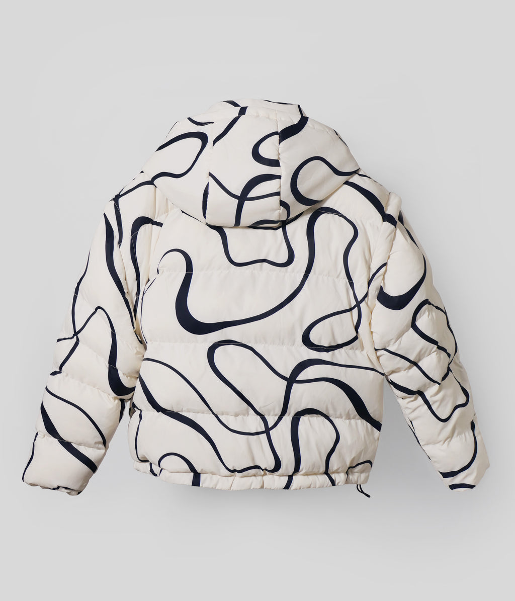 White Wavy puffer jacket back view with hood